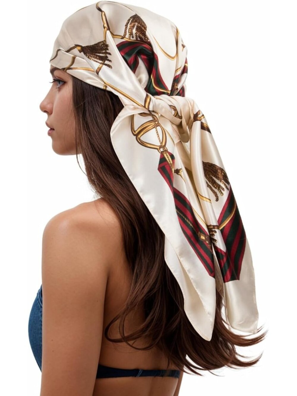 Women's Ivory Red Printed Square Scarf Bandanas Hair Scarf 35 Inches